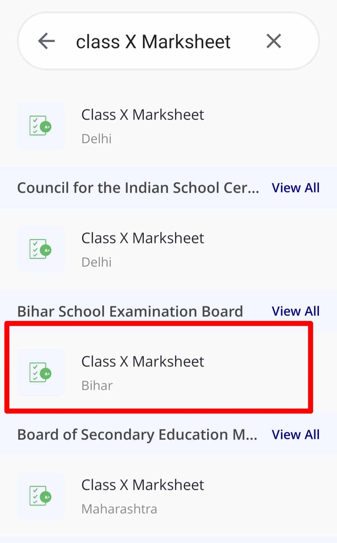 Search class X marksheet, Bihar Board 10th marksheet