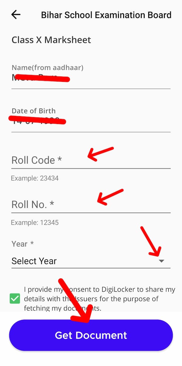 Enter the roll number and code number of the student and select the year.