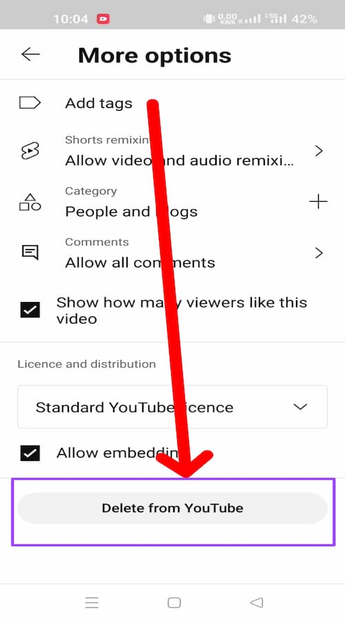 Delete From YouTube बटन पर जब आप टैप करें