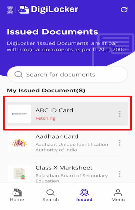 my ussed documents list me ABC card dekhe