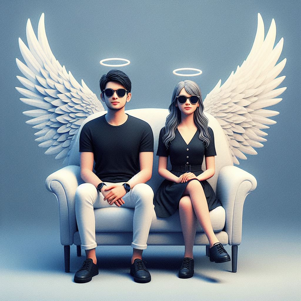 Create a 3D image in which two couples are sitting on a comfortable chair