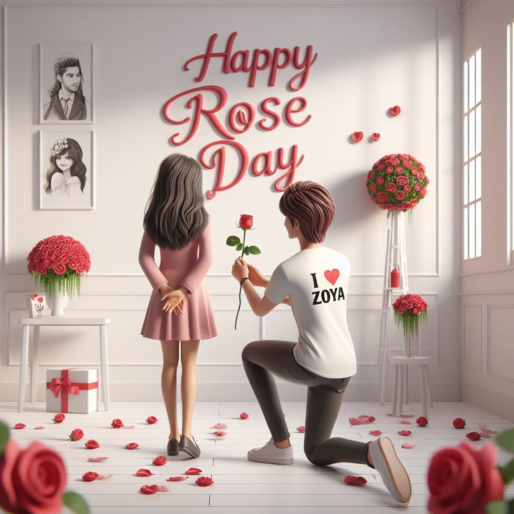 A boy is giving rose to his girlfriend in proposal style 