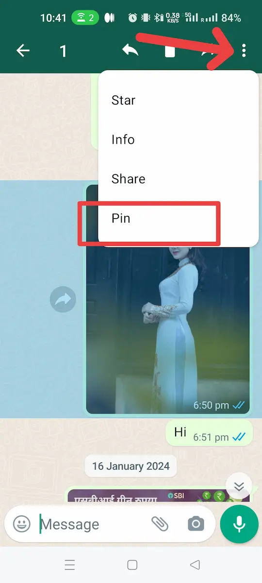 WhatsApp pin to highlight massage