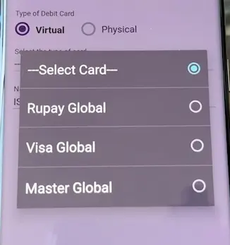 virtual debit card ka variant select Kare