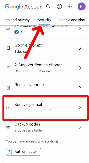 Recovery email ऑप्शन पर क्लिक करें 