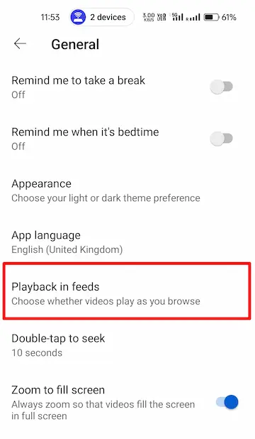  Playback in feeds के ऑप्शन पर टैप करें