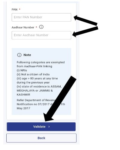 enter Pan and adhar number for linking status