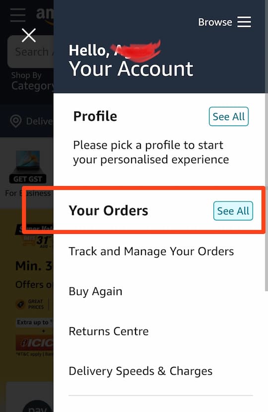 Your Orders ऑप्शन पर क्लिक करें