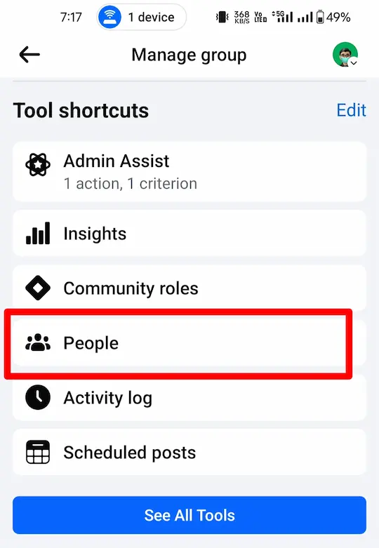 Facebook Group ko kaise delete karen (step 5) People ऑप्शन पर क्लिक करें