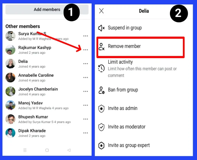 Facebook Group ko kaise delete karen (step 6) सभी members को group से Remove करें