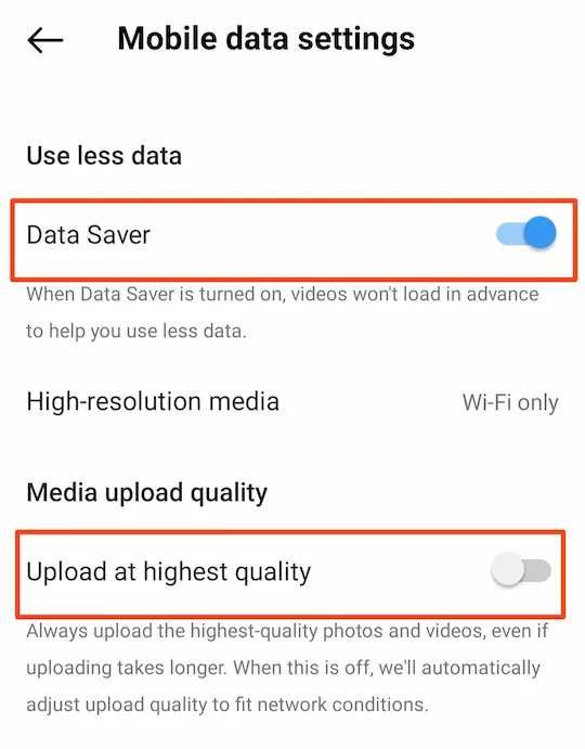 Instagram data bachane ke liye data saver on karna