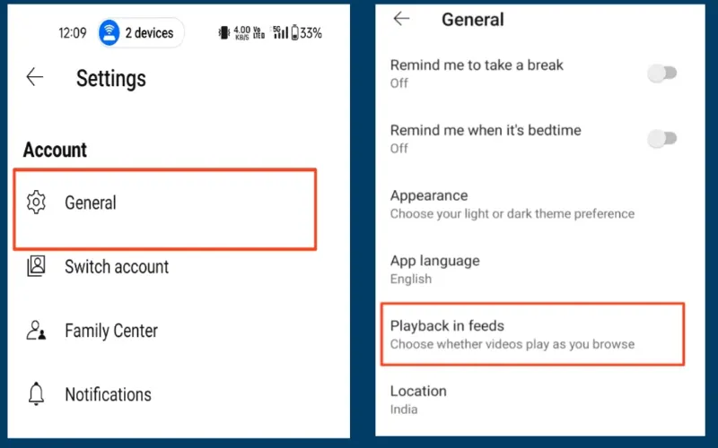 यूट्यूब में Playback In Feeds को बंद करें