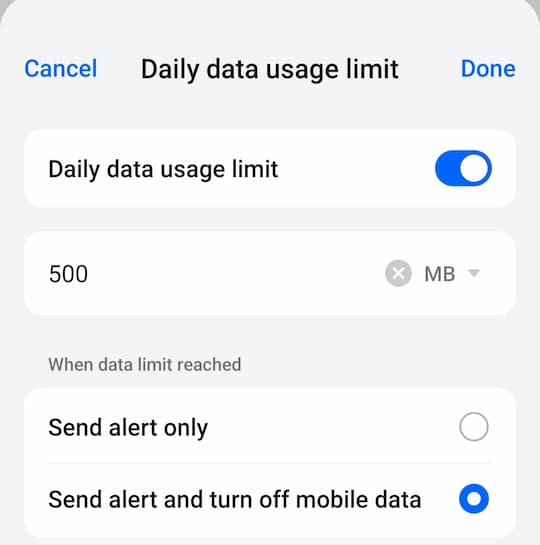 daily data usage limit set Karen