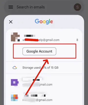 Gmail app Google account button