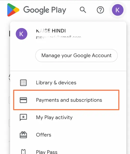 Google Play ki official website per jaane ke bad payment and subscriptions option per click karna