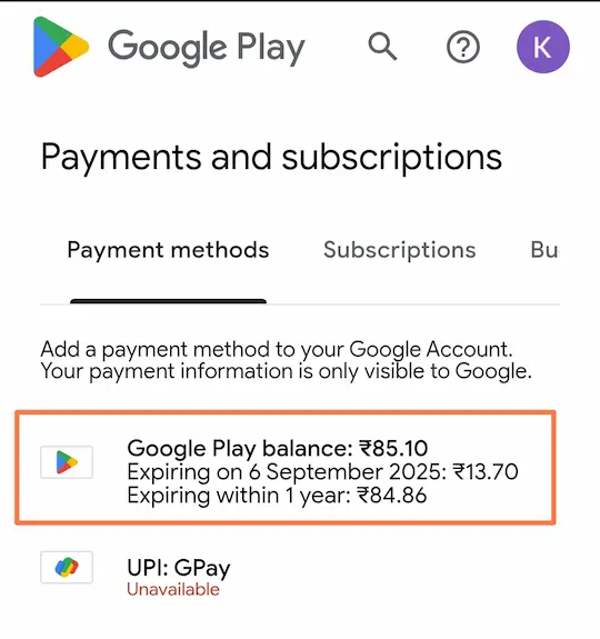 Live proof ke taur per is screenshot mein dikhaya gaya hai Google Play ka balance