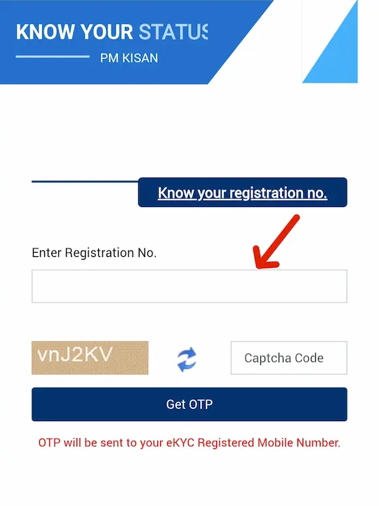 pm kisan samman nidhi Know your status, Enter Registeration number