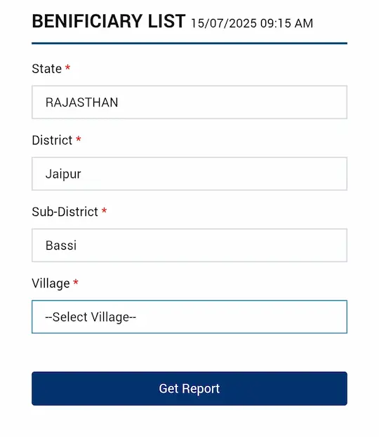 PM Kisan beneficiary Status dekhne ke liye State, district, sub district aur village select kare