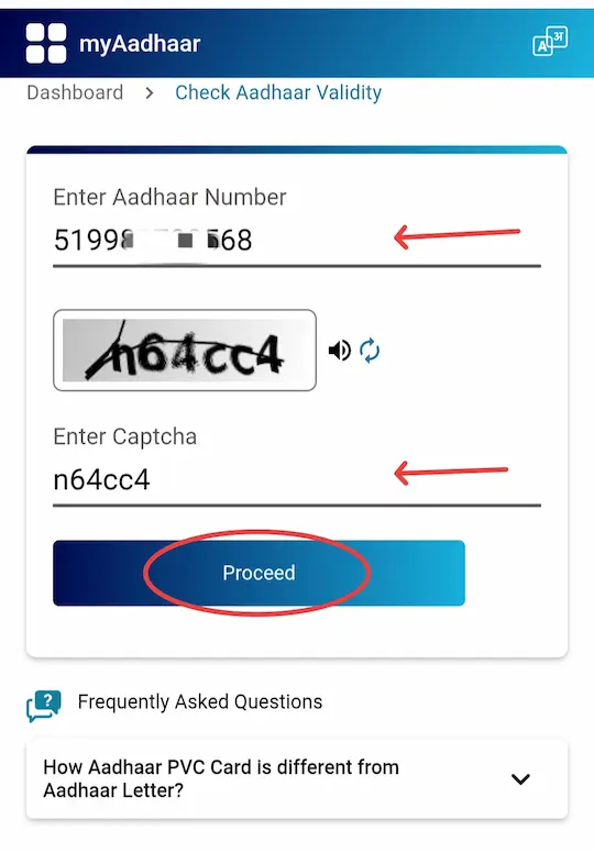 12 ankon ka Aadhar number darj Karen, CAPTCHA code bhare, aur (proceed button) per click Karen