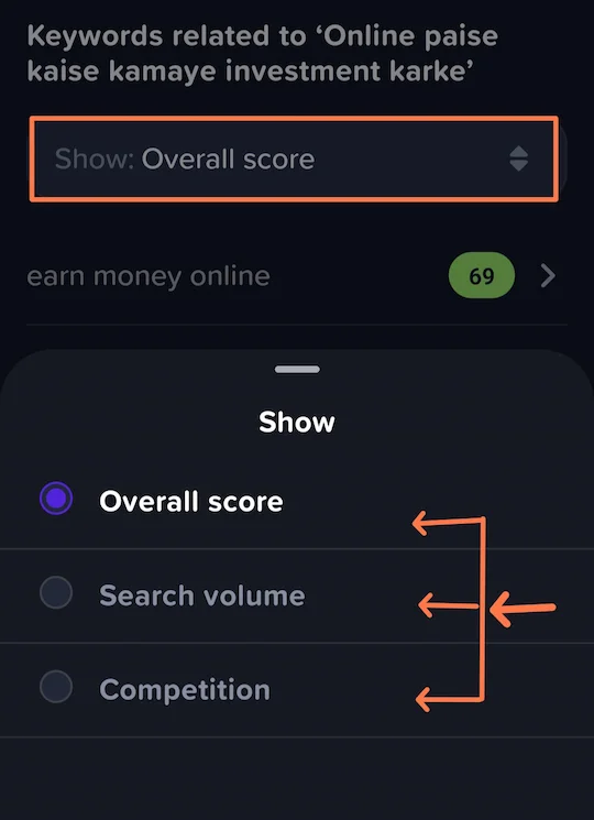 keyword competition overall score search volume section
