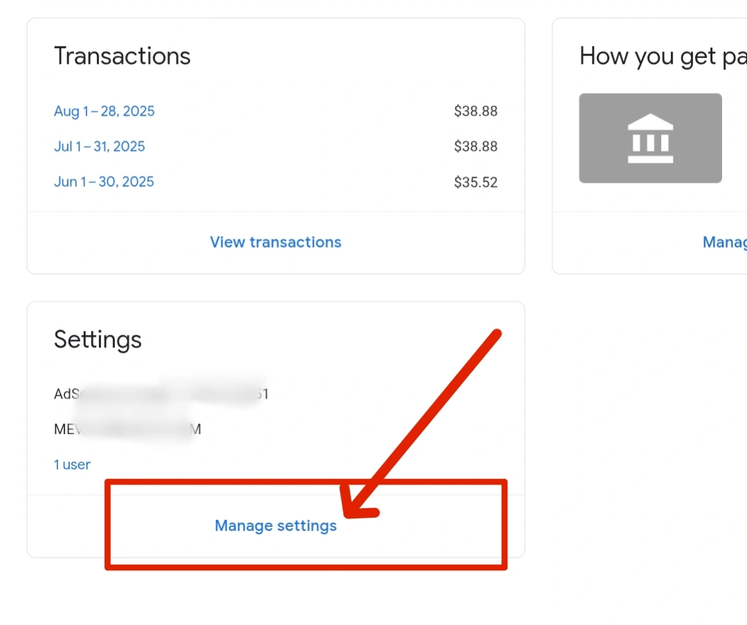 AdSense Me Address Kaise Dale? स्टेप बाय स्टेप जानकारी हिंदी में 6 Yah image darshata hai ki payment info mein jaane ke bad manage settings per click karna hai