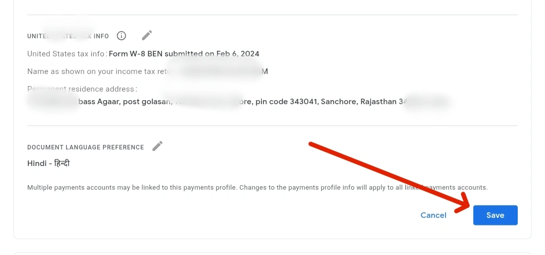 AdSense Me Address Kaise Dale? स्टेप बाय स्टेप जानकारी हिंदी में 9 Yah image darshata Hai ki address likhane ke bad setting ko save karna hai