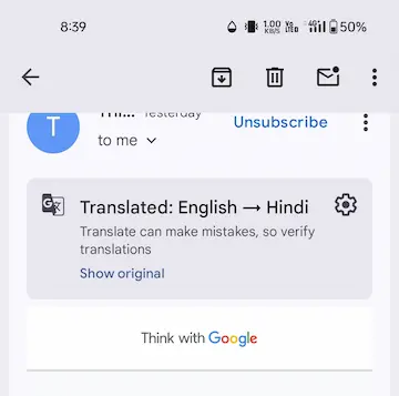 Gmail App में इंग्लिश ईमेल को हिंदी में कैसे पढ़ें 7 Is image mein dikh raha hai ki English email ko Hindi mein translate Kiya gaya hai