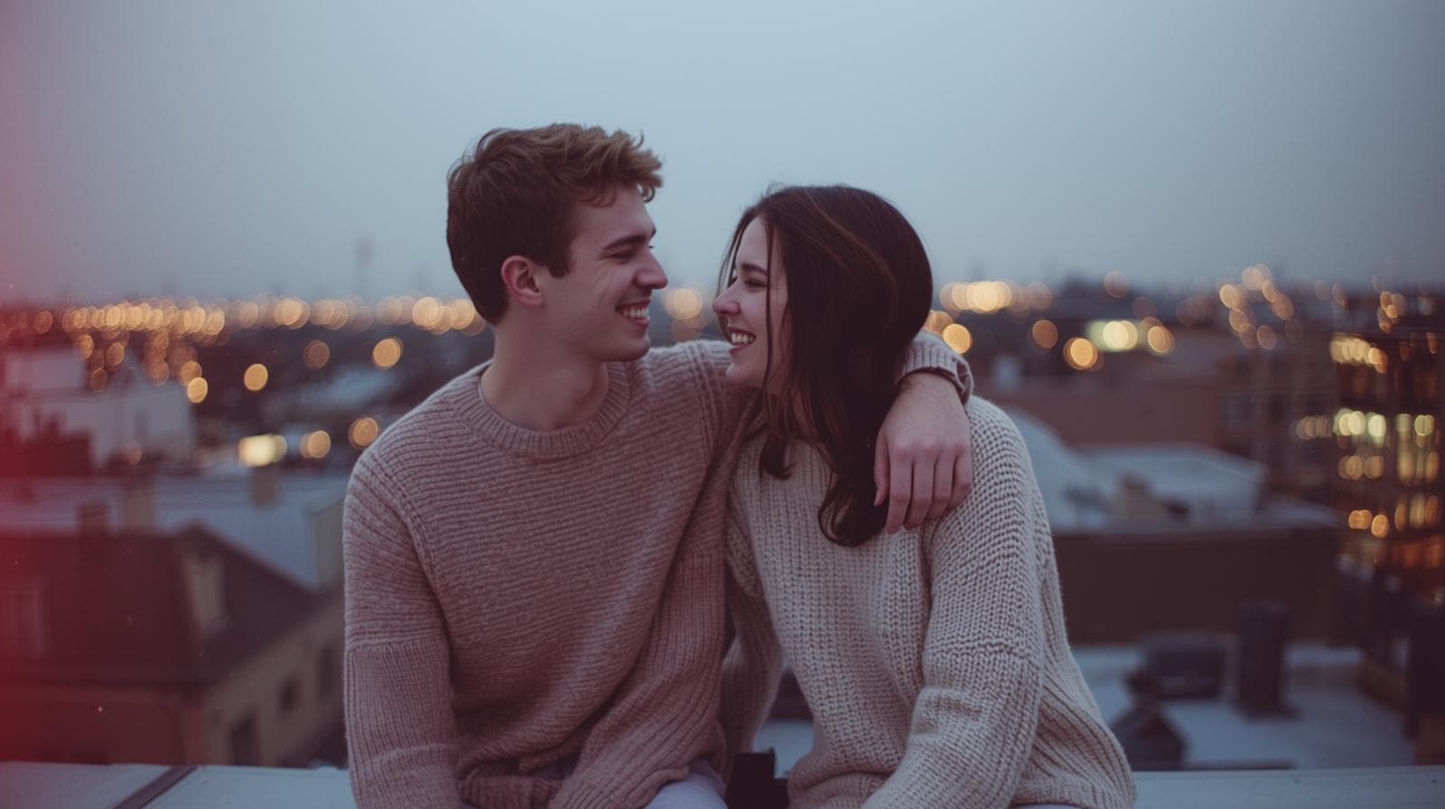 young couple sitting on a rooftop