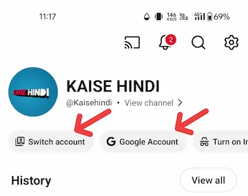 YouTube app me Switch account Google account