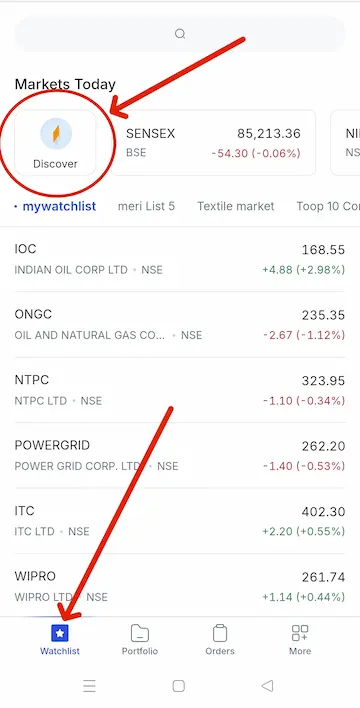 Angel one website mein watchlist ka option Dikhai de raha hai Jahan se discover section mein jana Hota Hai