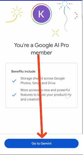 Activate ke baad Go to Gemini button
