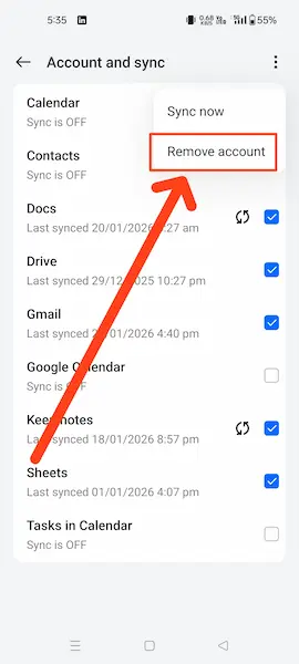 Remove account option par tape kare