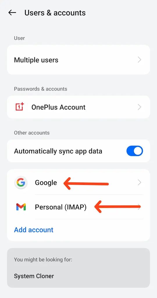 select account type personal aur Gmail