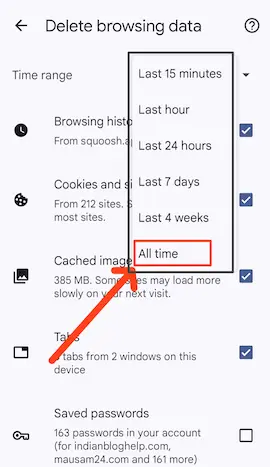 select time range to delete caches