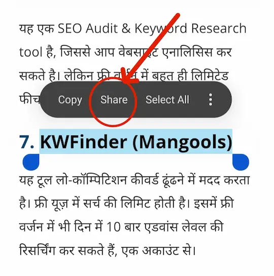 Selected text share option