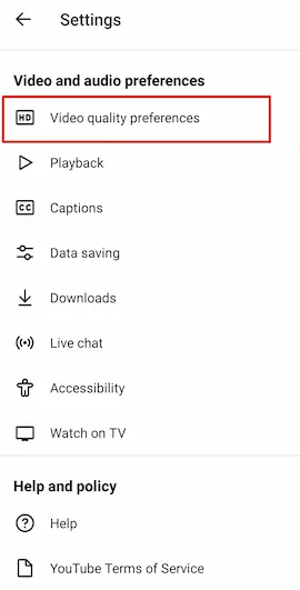 video quality preferences option