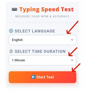 select language and time and start test button