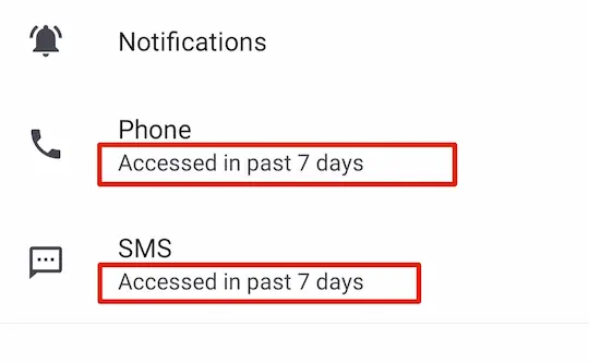 इस image में दिखाया गया है कि आपके मोबाइल में कुछ apps ने Phone और SMS permission का इस्तेमाल किया है।
