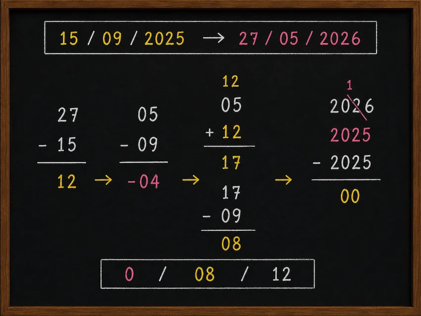 15 September 2025 se 27 May 2026 tak ki age calculation, jisme age 8 months 12 days nikaali gayi hai.