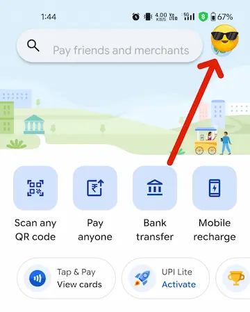 Google Pay Home page par Profile Icon
