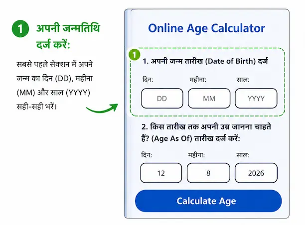 Online Age Calculator में जन्म तारीख के दिन, महीने और साल दर्ज करने का तरीका