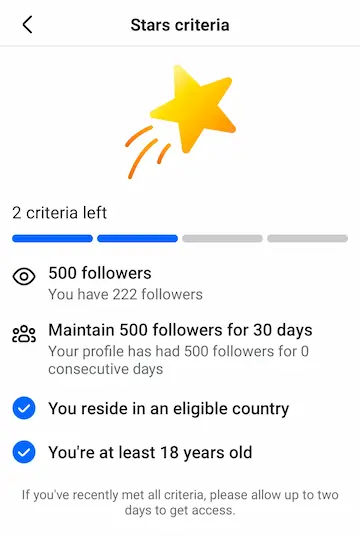 Facebook Stars model criteria or eligibility