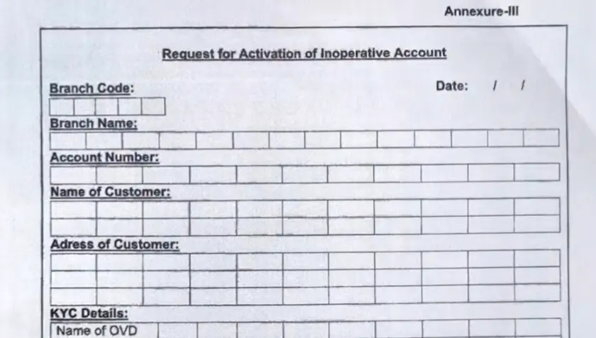 Request for Activation of Inoperative Account form